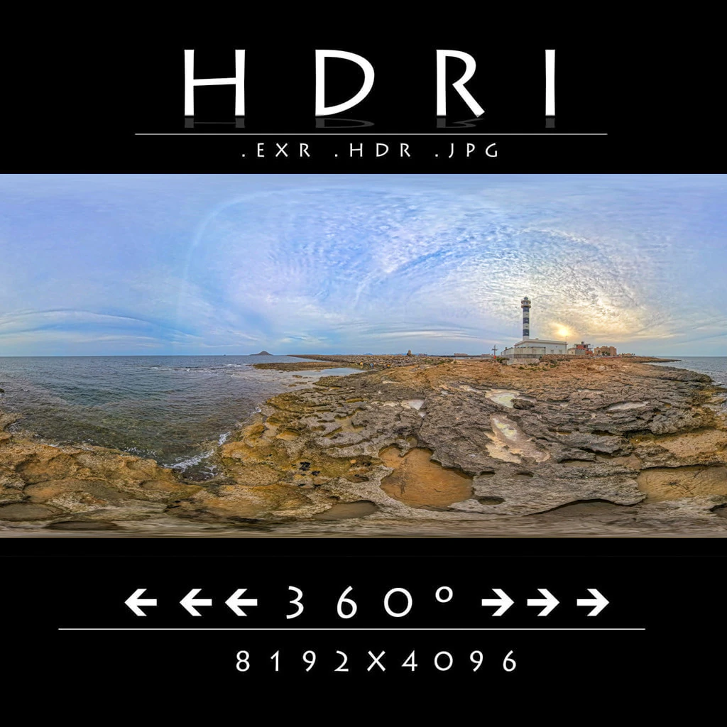 8K HDRI Lighthouse Sunset on Rocky Coast Photorealistic Environment Map CG Textures .c4d .max .obj .3ds .fbx .stl .blend 