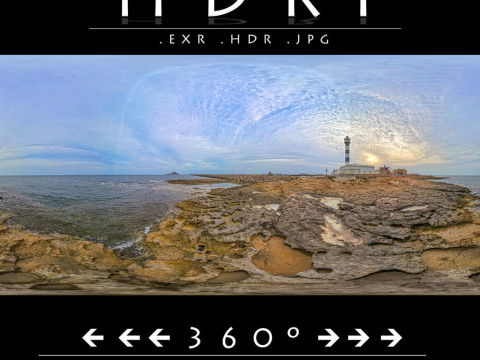 8K HDRI Lighthouse Sunset on Rocky Coast Photorealistic Environment Map CG टेक्स्चर्स
