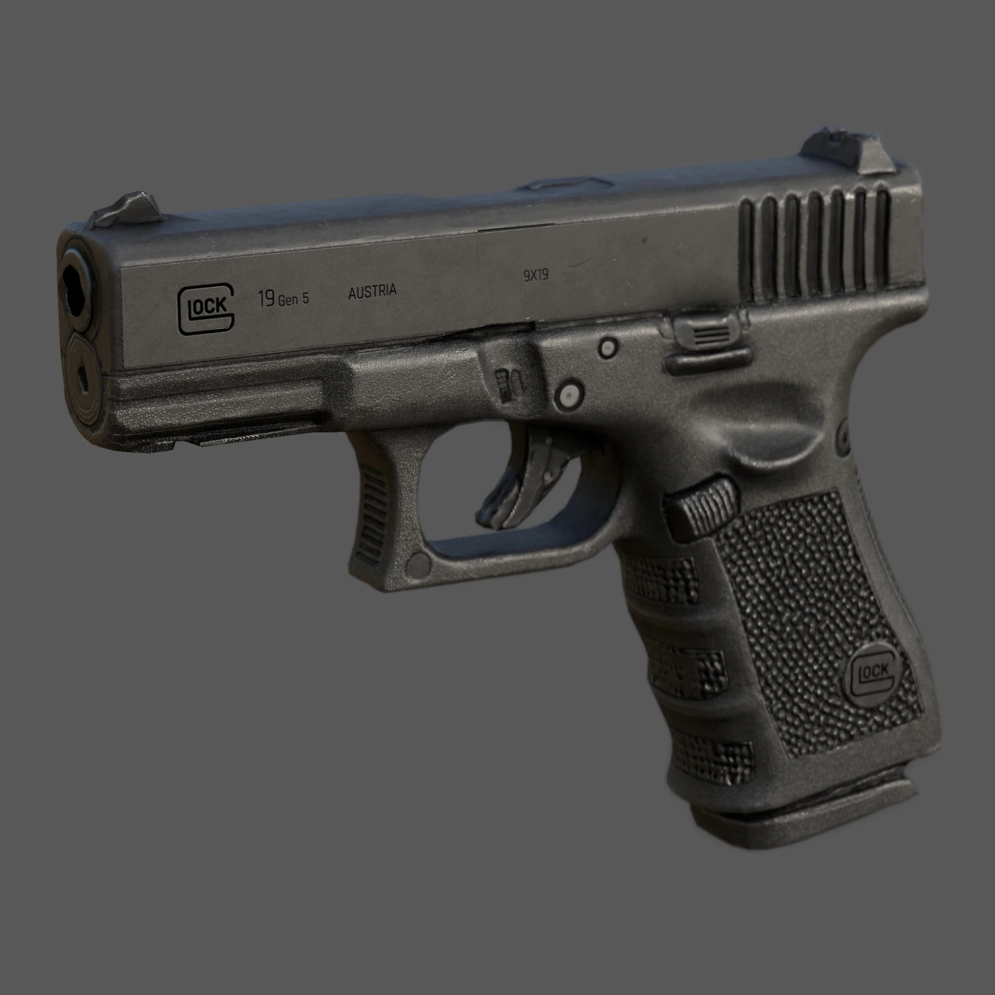 Glock 19 Gen 5 Реалистичные 4K PBR текстуры Готовые к игре низкополигональные FBX OBJ Blender U 3D Модель .c4d .max .obj .3ds .fbx .stl .blend 