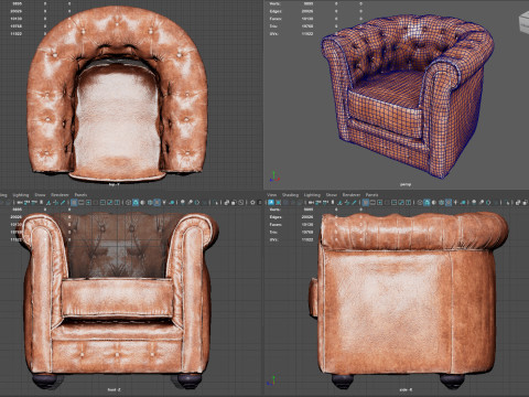 Luxury Distressed Brown Leather Chesterfield Armchair Realistic 4K PBR Textures Game 3D Model