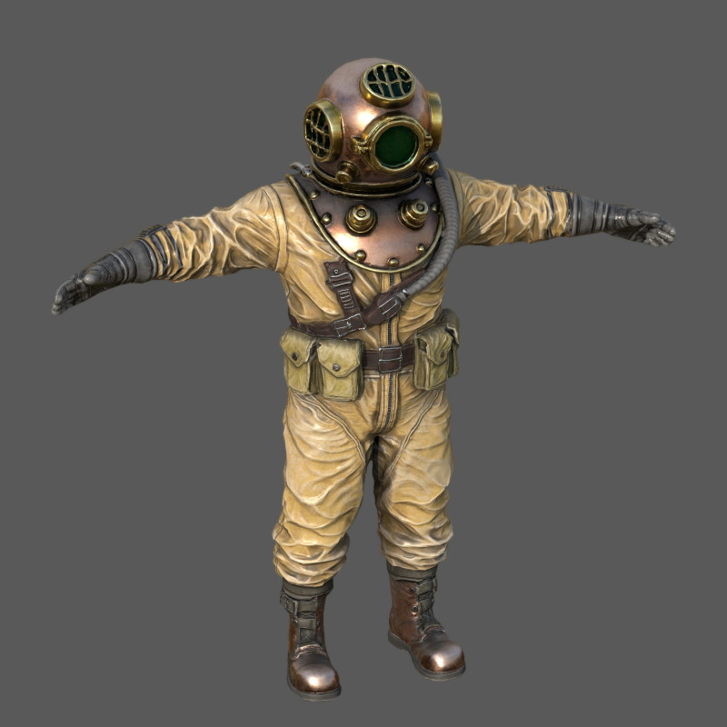 Realistischer Vintage-Taucher-Charakter, hochwertiges PBR, spielbereit 3D Modell .c4d .max .obj .3ds .fbx .stl .blend