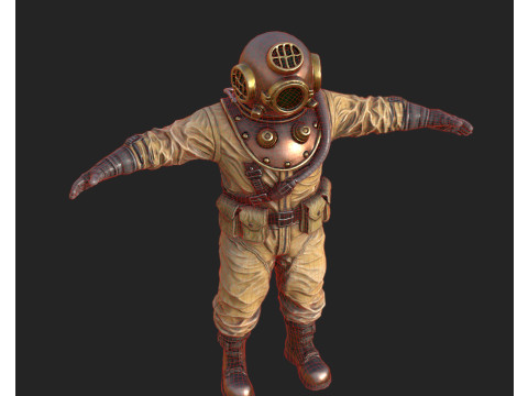 Realistischer Vintage-Taucher-Charakter, hochwertiges PBR, spielbereit 3D Modell