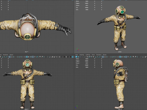 Realistischer Vintage-Taucher-Charakter, hochwertiges PBR, spielbereit 3D Modell