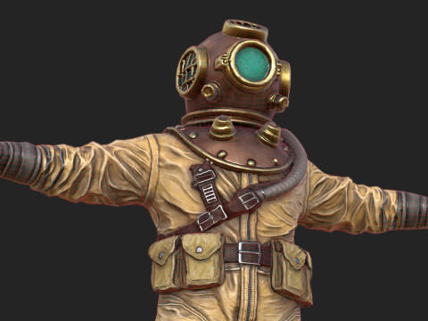 Realistischer Vintage-Taucher-Charakter, hochwertiges PBR, spielbereit 3D Modell