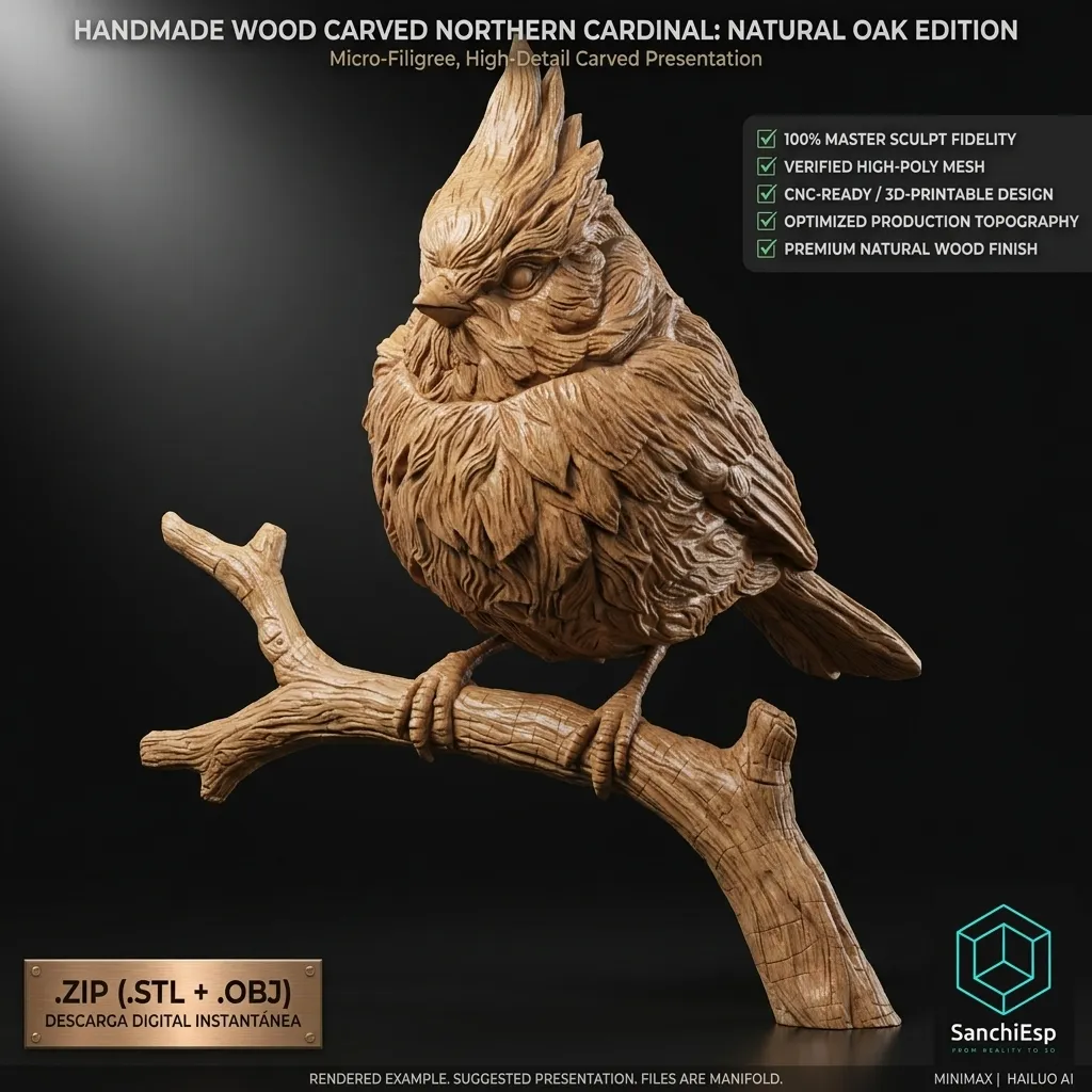 Handmade Wood Carved Northern Cardinal 3D Print Model 3D Print Model .c4d .max .obj .3ds .fbx .stl .blend