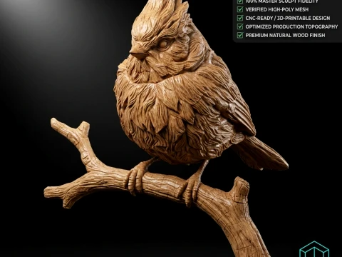 Handmade Wood Carved Northern Cardinal 3D Print Model 3D Print Model