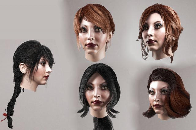 set woman hairstyle 5 types 3D Model .c4d .max .obj .3ds .fbx .stl .blend 