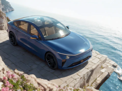 Electric Sedan Blue 3D Model