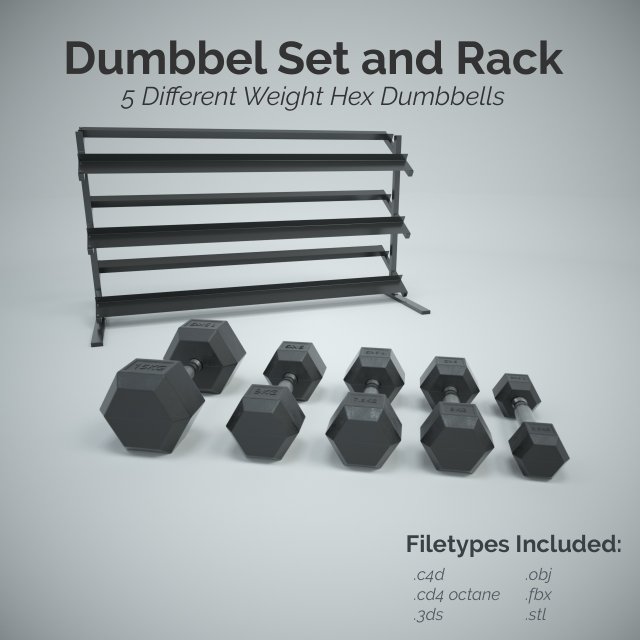dumbbell set and rack 3D Модель .c4d .max .obj .3ds .fbx .stl .blend 