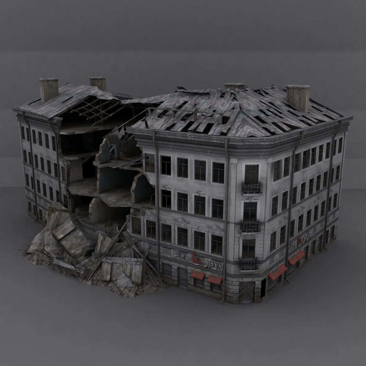 low poly destroyed building 3D Model .c4d .max .obj .3ds .fbx .stl .blend 