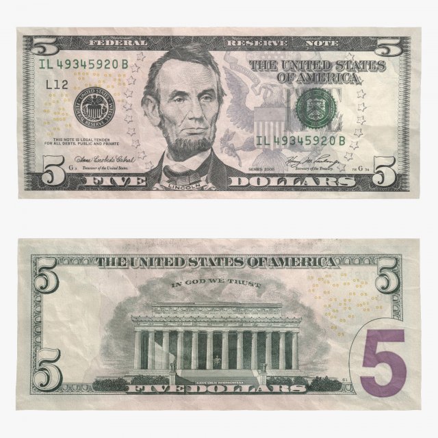 5 dollars bill 3D Модель .c4d .max .obj .3ds .fbx .stl .blend 