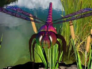 libellula con piante di canna di fiume e aereo di sabbia Modello 3D
