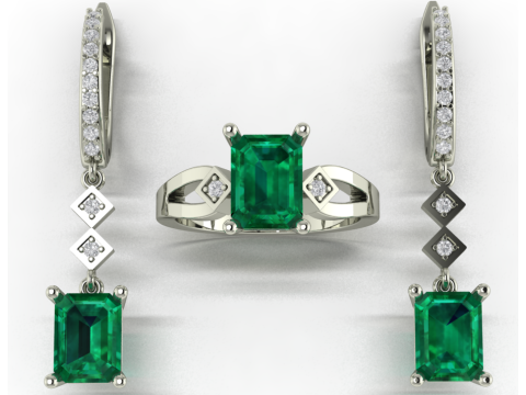Emerald center engagement ring and earring 3D Print Model