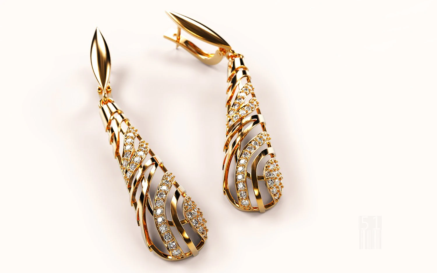gold earrings with diamonds 3D Print Model .c4d .max .obj .3ds .fbx .stl .blend