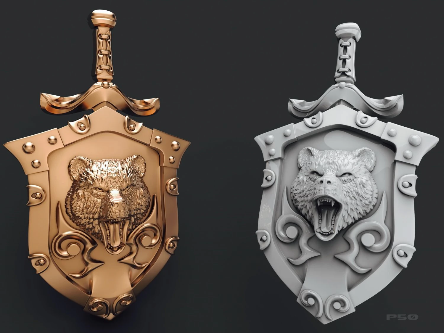 pendant shield with bear 3D Print Model .c4d .max .obj .3ds .fbx .stl .blend