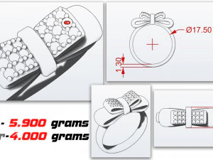 bow ring with diamonds in white gold for 3d printing and cnc 3D Print Model