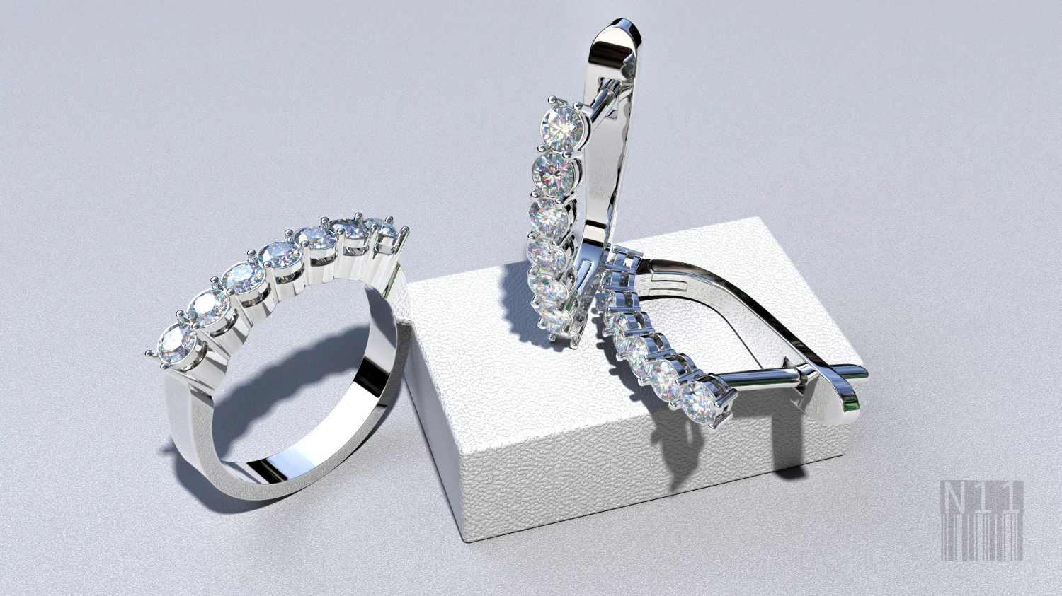 set of earrings and ring with diamonds 3D Print Model .c4d .max .obj .3ds .fbx .stl .blend 