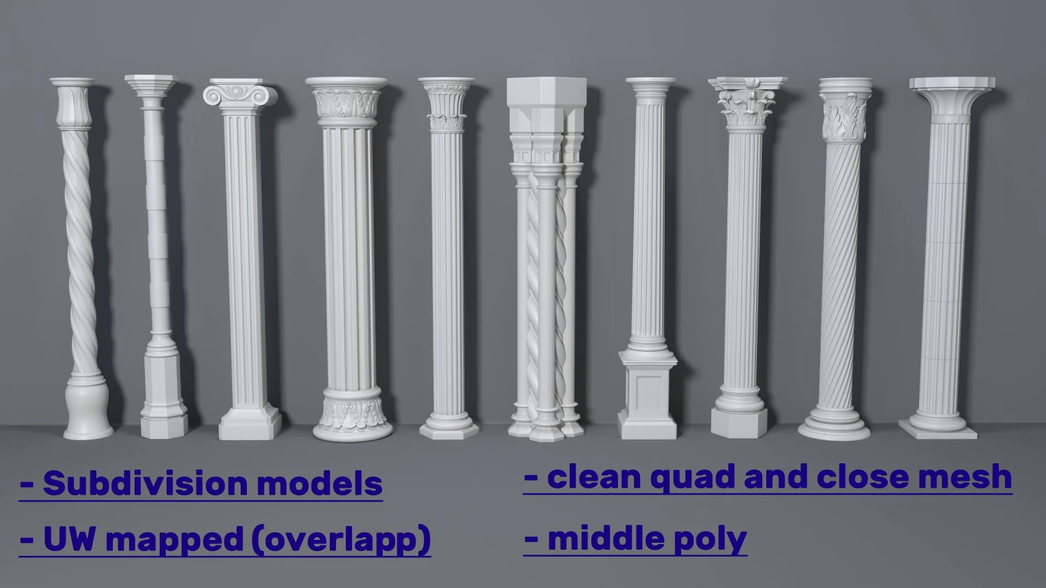 columns collection -1 - 10 pieces 3D Model .c4d .max .obj .3ds .fbx .stl .blend 