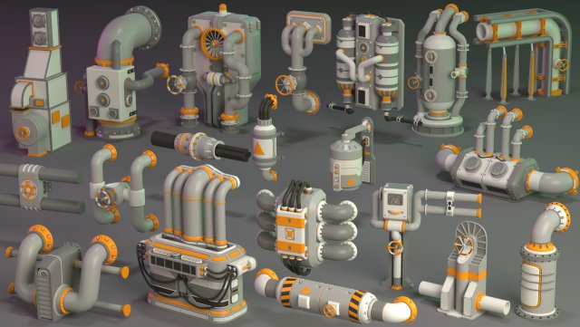 wall tube mechanism props 1 - 20 pieces Modelo 3D .c4d .max .obj .3ds .fbx .stl .blend 
