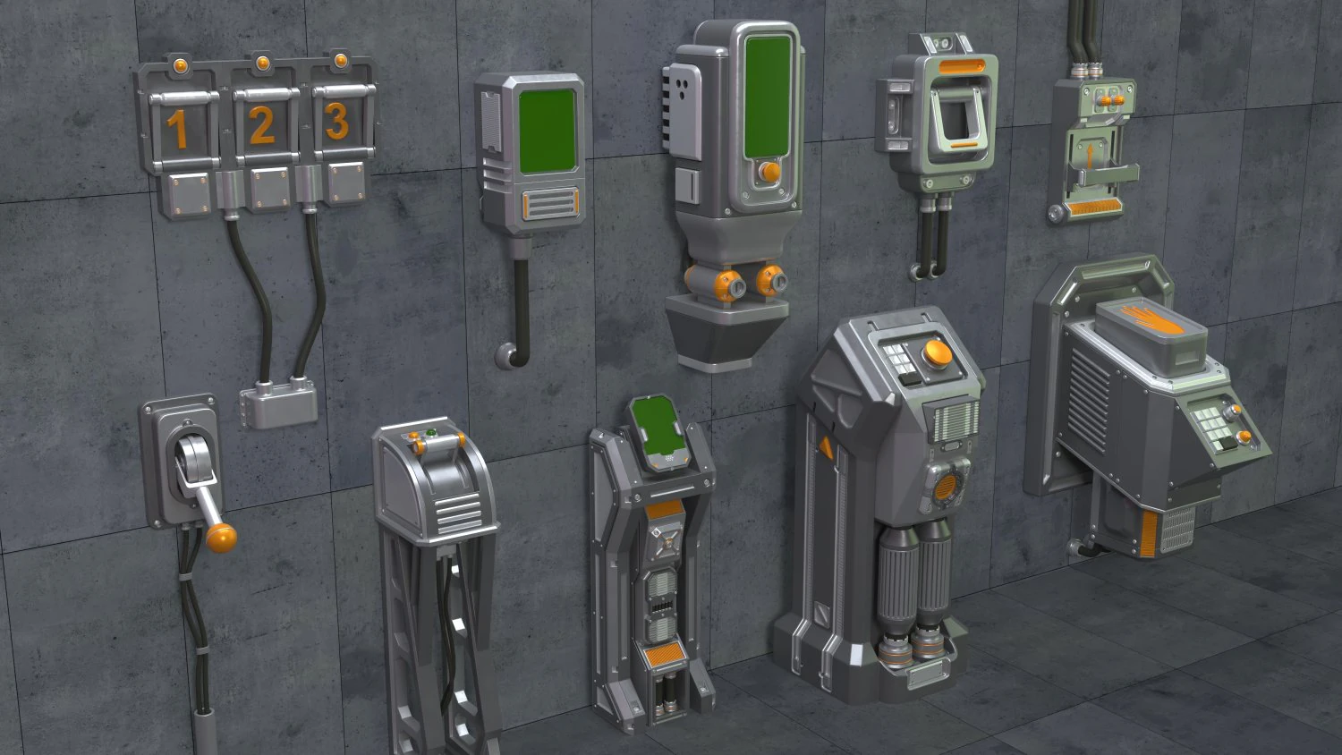 SCI-FI Switches - 10 pieces 3D Model .c4d .max .obj .3ds .fbx .stl .blend