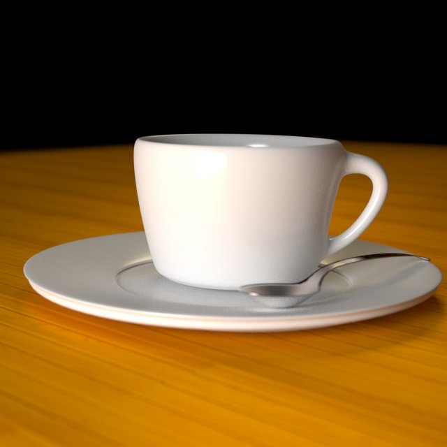 cup plate and spoon on wood 3D Модель .c4d .max .obj .3ds .fbx .stl .blend 