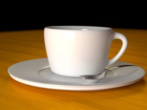 piatto della tazza e cucchiaio su legno Modello 3D