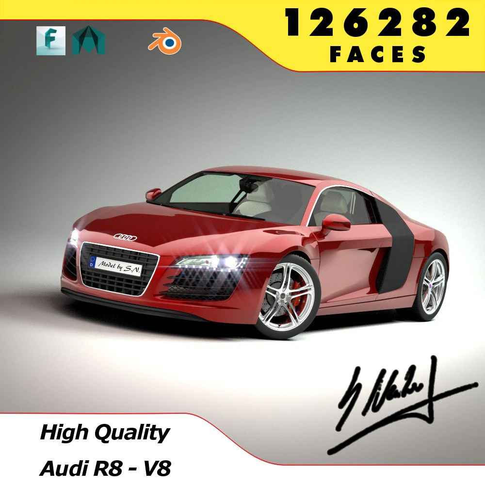 audi r8 v8 - high quality 3D Model .c4d .max .obj .3ds .fbx .stl .blend 