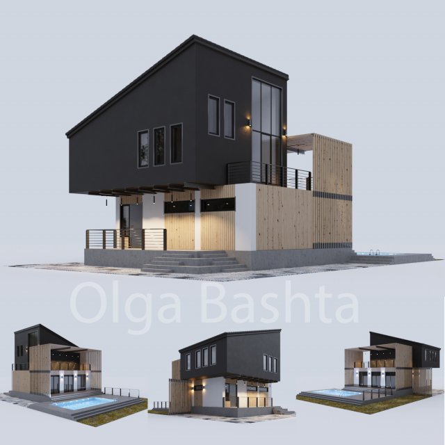 modern residential house with a swimming pool 3D Model .c4d .max .obj .3ds .fbx .stl .blend 