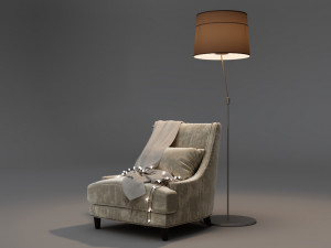armchair with plaid garland and floor lamp 3D Model