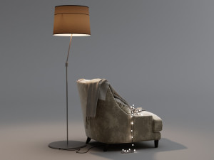 armchair with plaid garland and floor lamp 3D Model