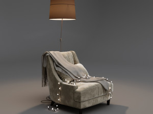 armchair with plaid garland and floor lamp 3D Model