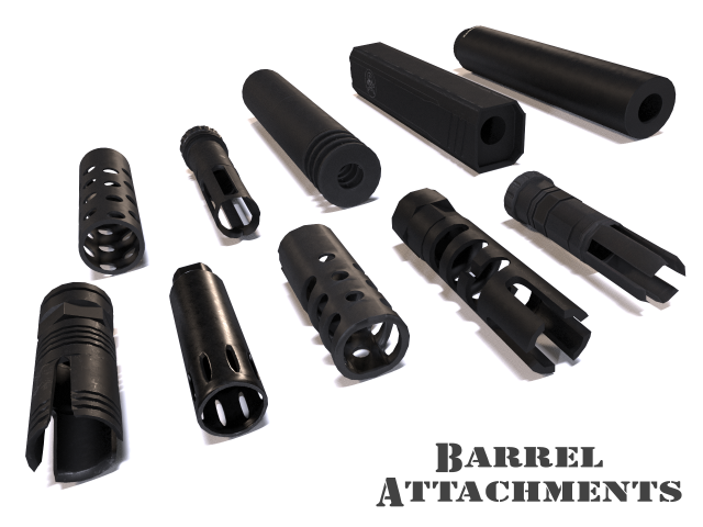 barrel attachments pack - flash - muzzle - suppressor - pbr - 4k textures 3D Model .c4d .max .obj .3ds .fbx .stl .blend 