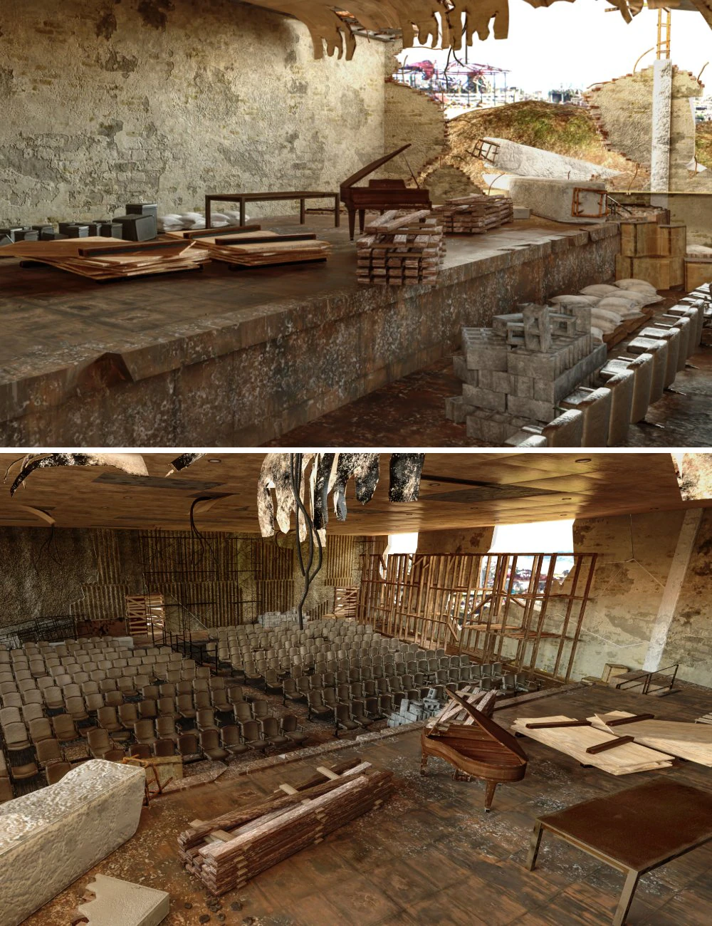 Damaged Theater 3D Model .c4d .max .obj .3ds .fbx .stl .blend