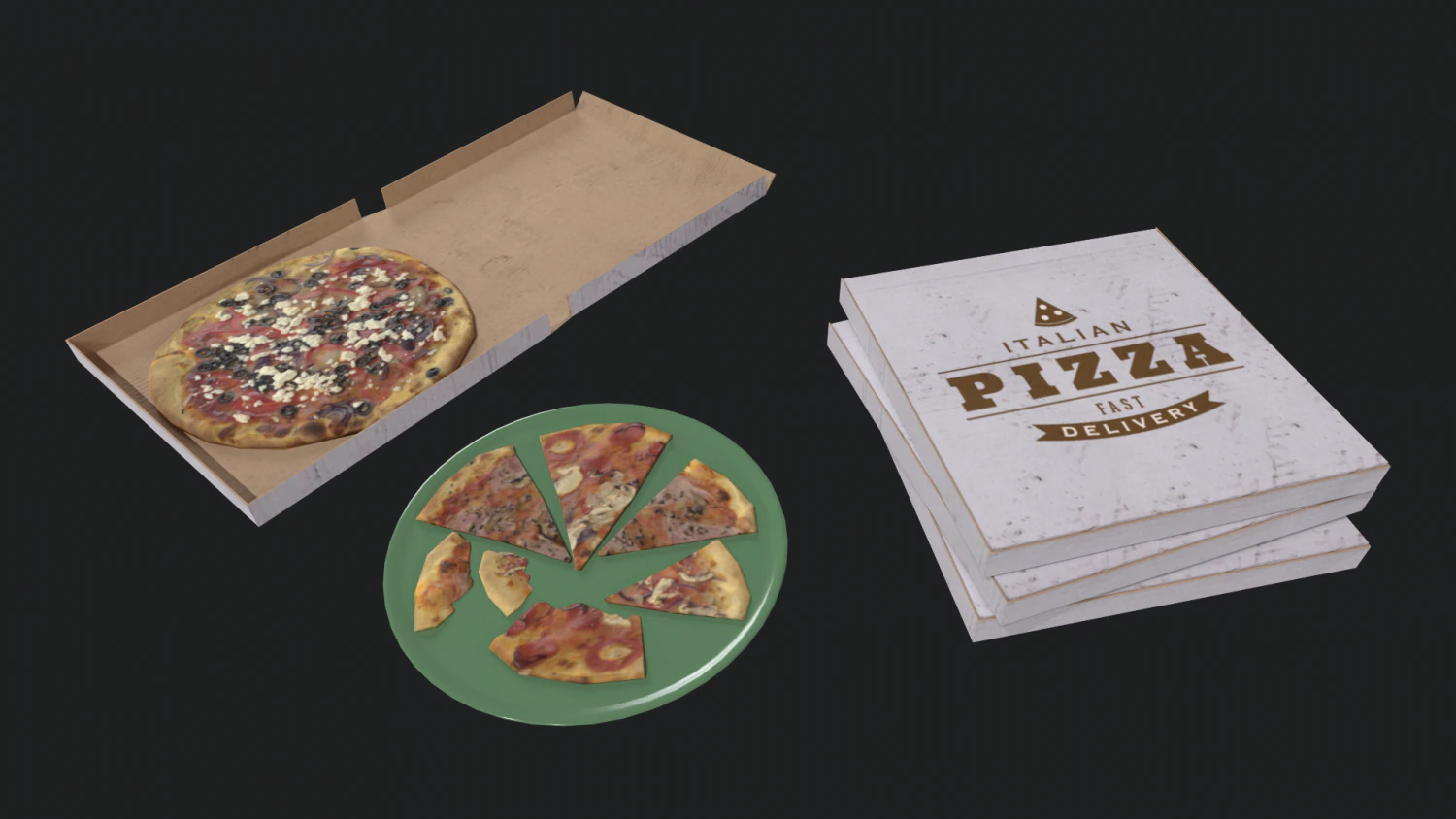 Lowpoly Pizza Pack 3D Model .c4d .max .obj .3ds .fbx .stl .blend 
