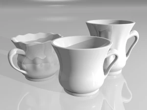 3 białe porcelanowe filiżanki do herbaty na szarym tle Model 3D