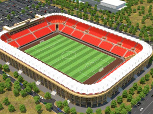 Estadio de f&uacute;tbol y modelo de coche de baja poli. Modelo 3D