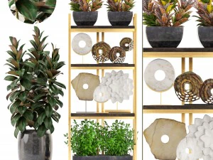 scaffale con decorazioni di figurine e piante Modello 3D
