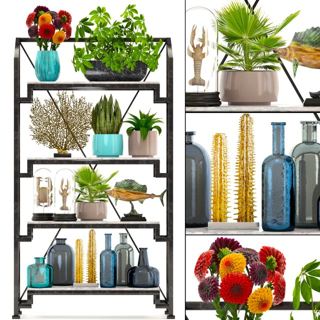 rack with the decor of figurines and plants 3D Model .c4d .max .obj .3ds .fbx .stl .blend 
