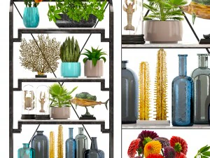 scaffale con decorazioni di figurine e piante Modello 3D