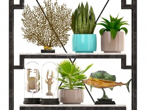 rack with the decor of figurines and plants 3D Модель