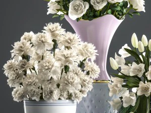 bouquets of white flowers in vases 3D Model
