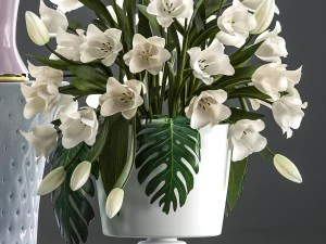 bouquets of white flowers in vases 3D Model