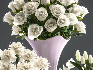 bouquets of white flowers in vases 3D Model