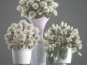 bouquets of white flowers in vases 3D Model