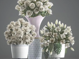 bouquets of white flowers in vases 3D Model