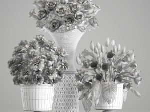 bouquets of white flowers in vases 3D Модель