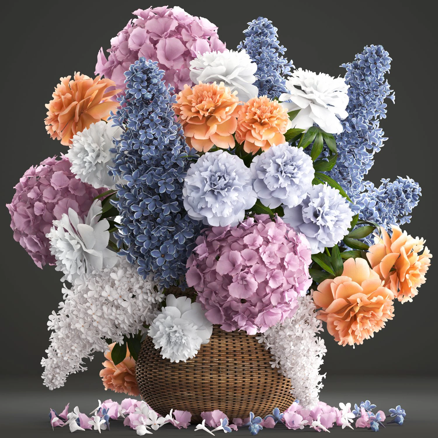 bouquet of flowers in a basket 2 3D Model .c4d .max .obj .3ds .fbx .stl .blend 
