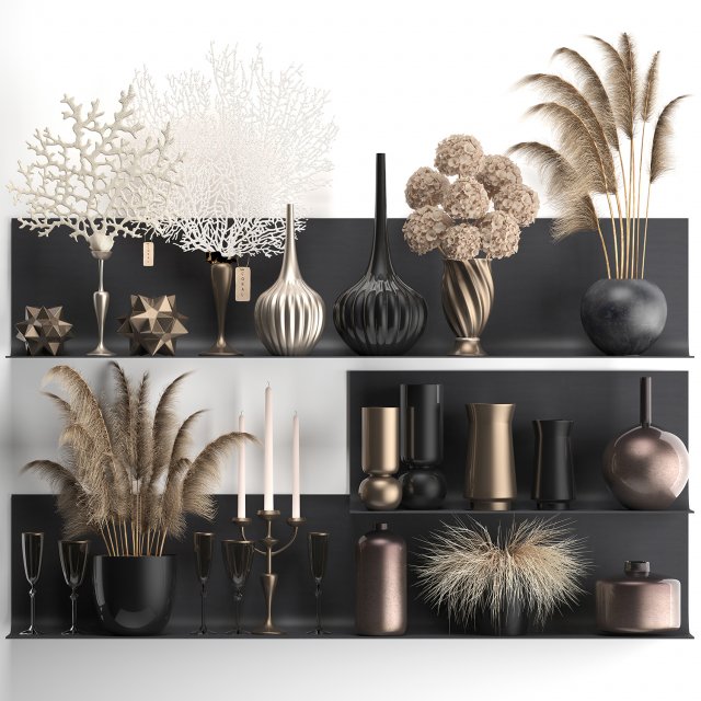 collection of decor dried flowers on a shelf 3D Model .c4d .max .obj .3ds .fbx .stl .blend 