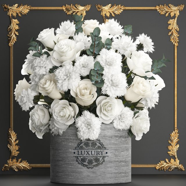 bouquet of white flowers in a gift box 92 3D Model .c4d .max .obj .3ds .fbx .stl .blend 