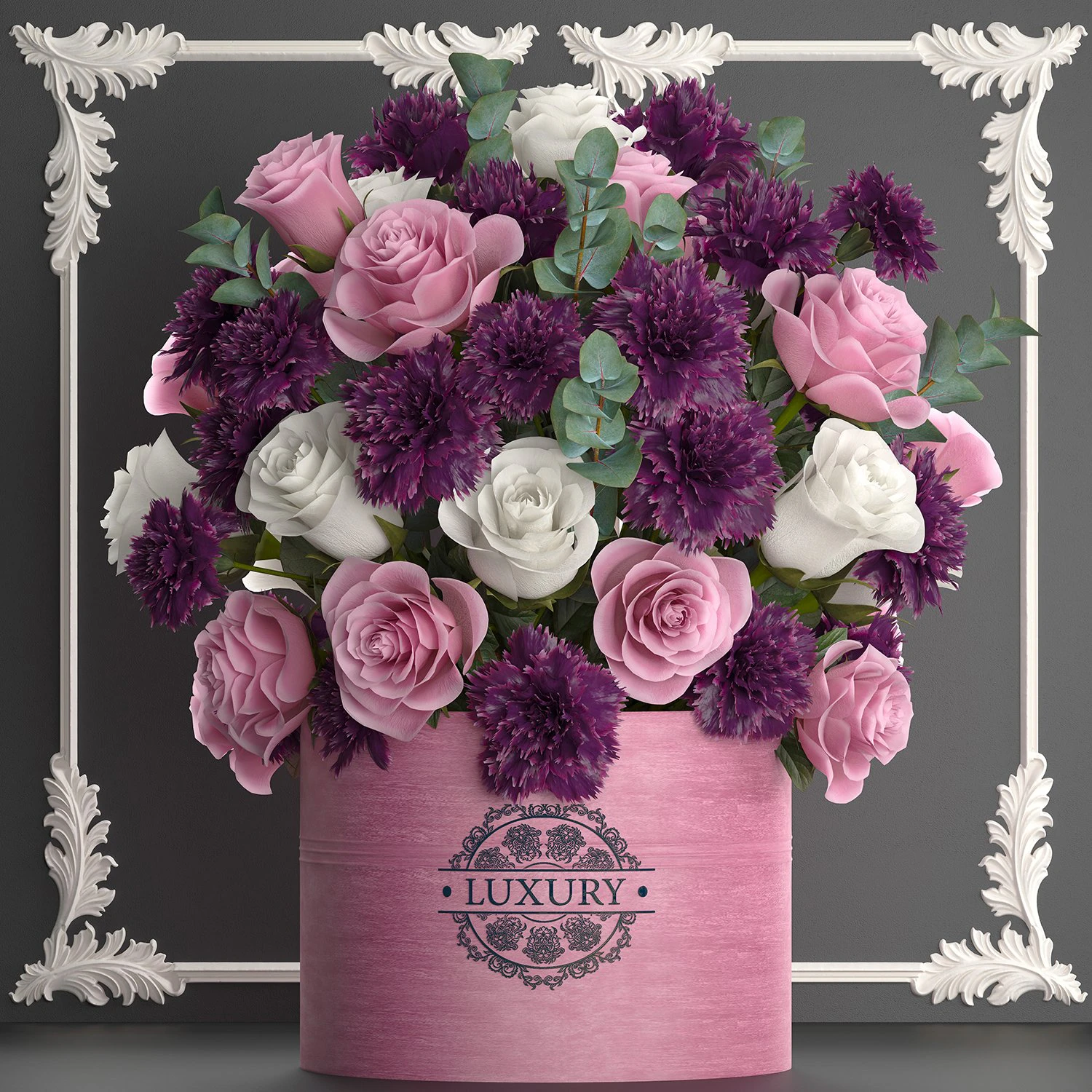 bouquet of pink flowers in a gift box 93 3D Model .c4d .max .obj .3ds .fbx .stl .blend 
